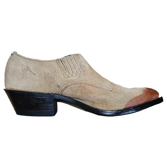 NOCONA BOOTS Women's Tan Suede Pointed Snake Toe Stacked Heel Western Ankle Boot - Picture 14 of 16